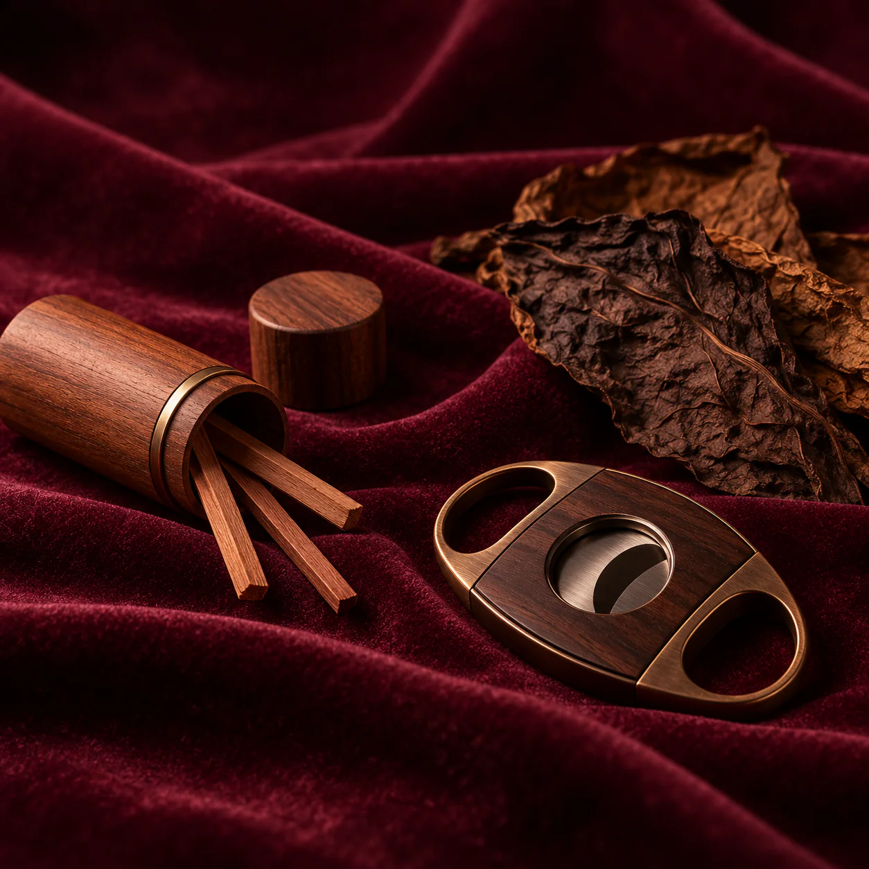 Wooden cutter and tobacco leaves on burgundy velvet
