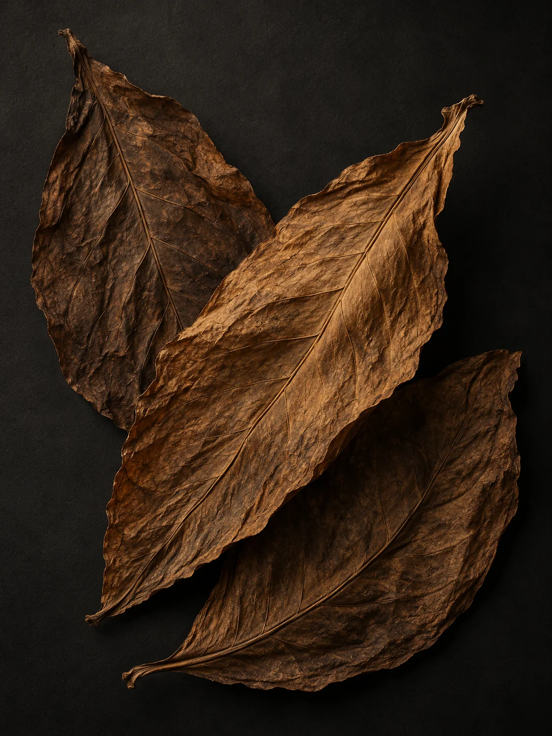 Three cured tobacco leaves on a dark background