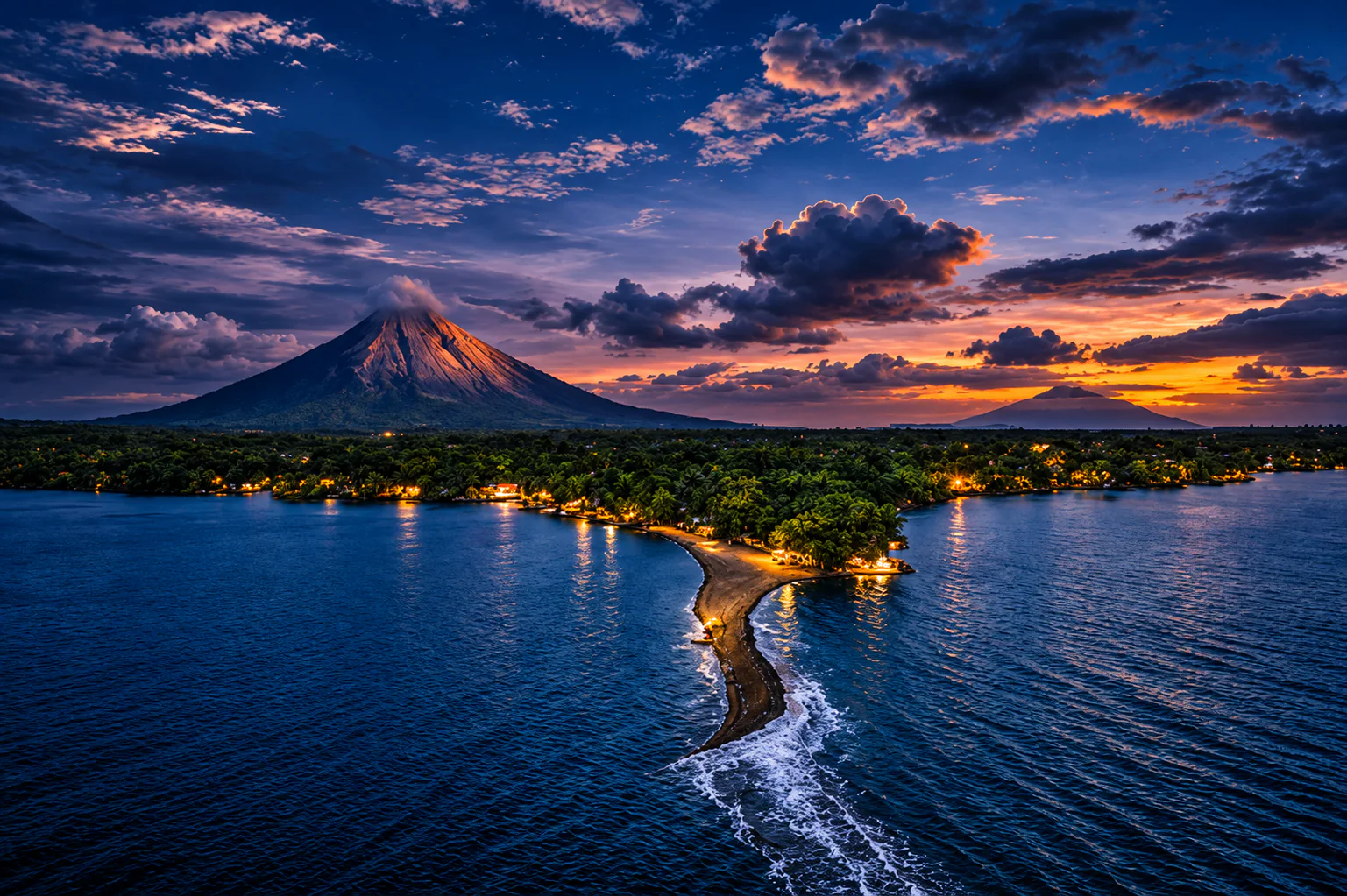 Ometepe at dusk, dark and still