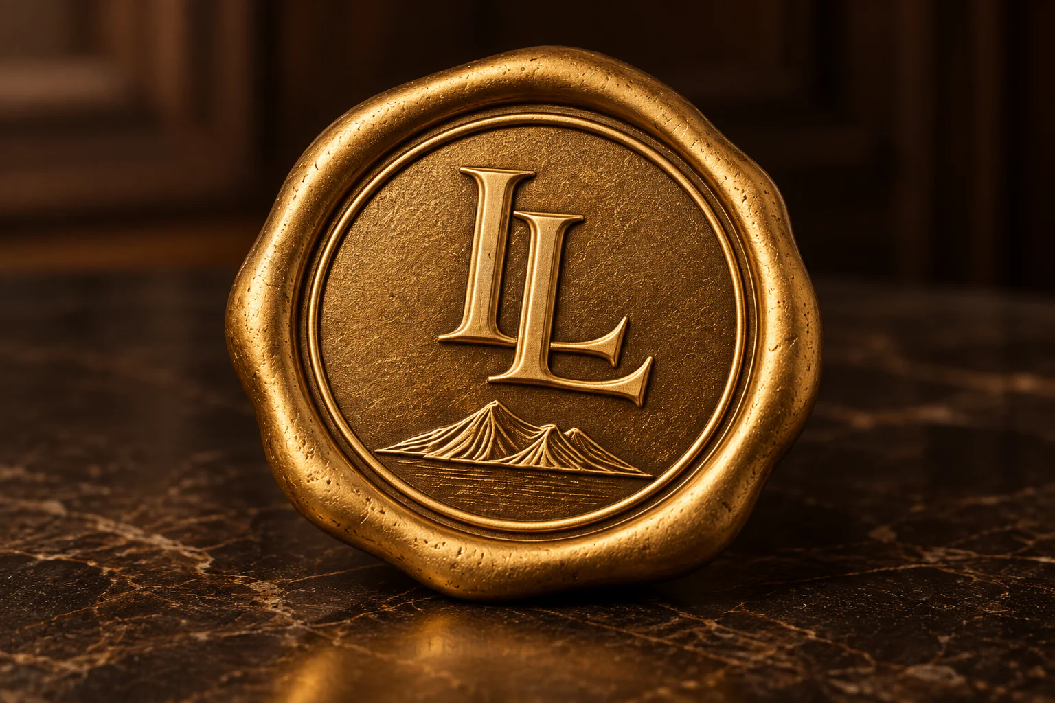 CASA LLANES gold seal with LL monogram on marble