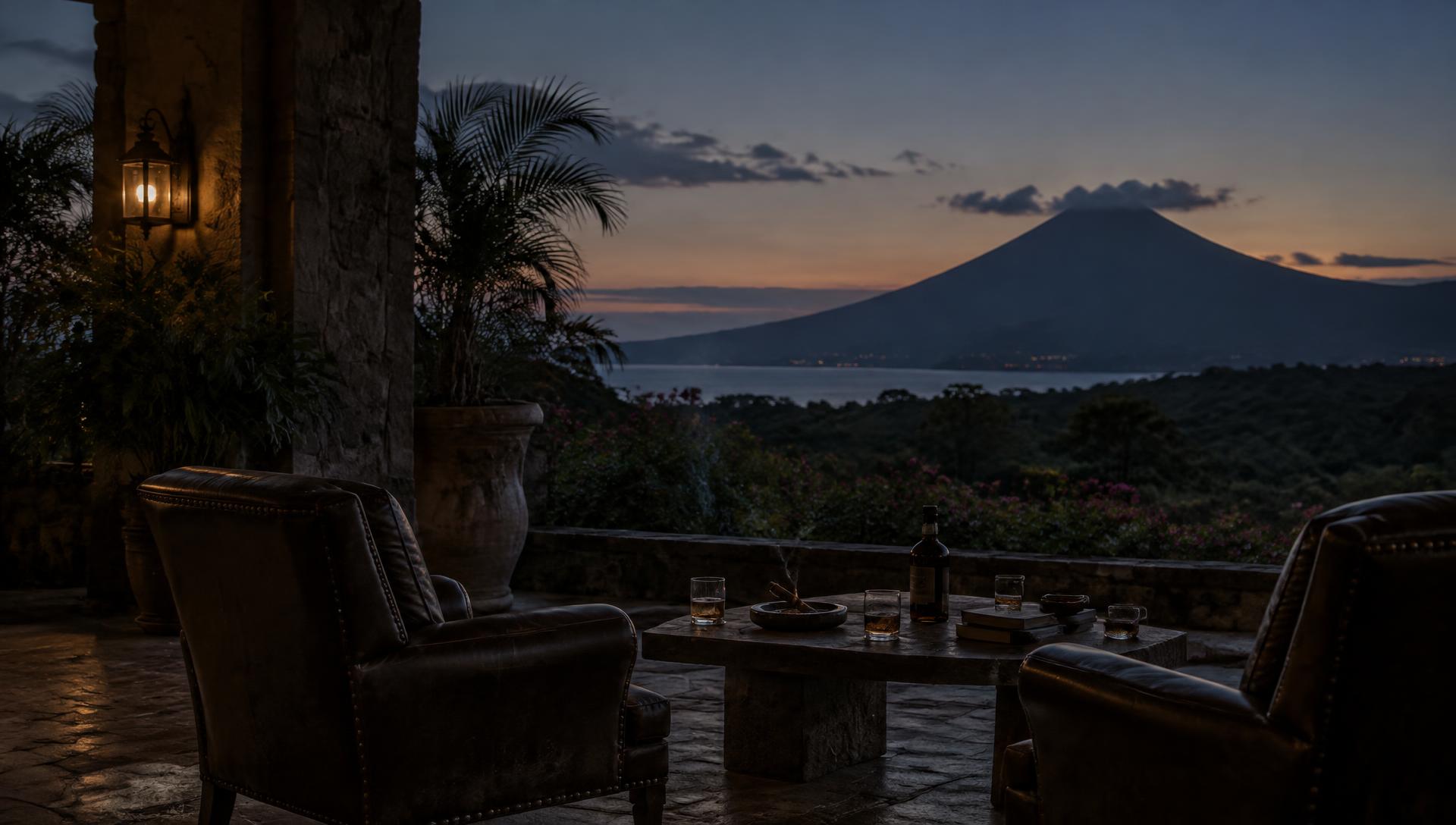 Stone terrace at dusk with a volcano in the distance
